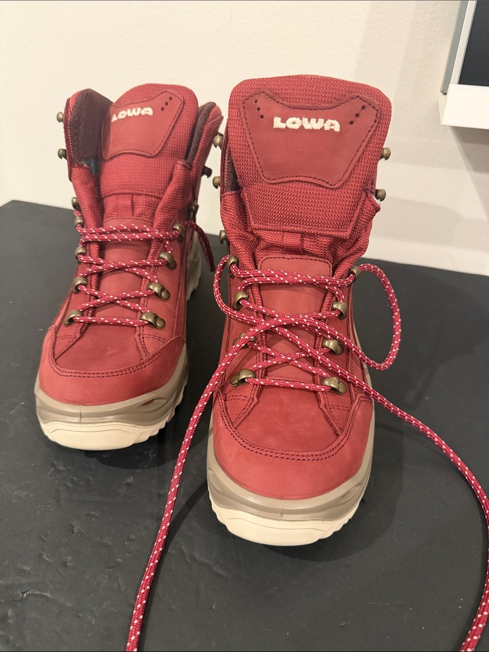 Lowa Women's Red Lace-Up Hiking Boots with Cream Soles